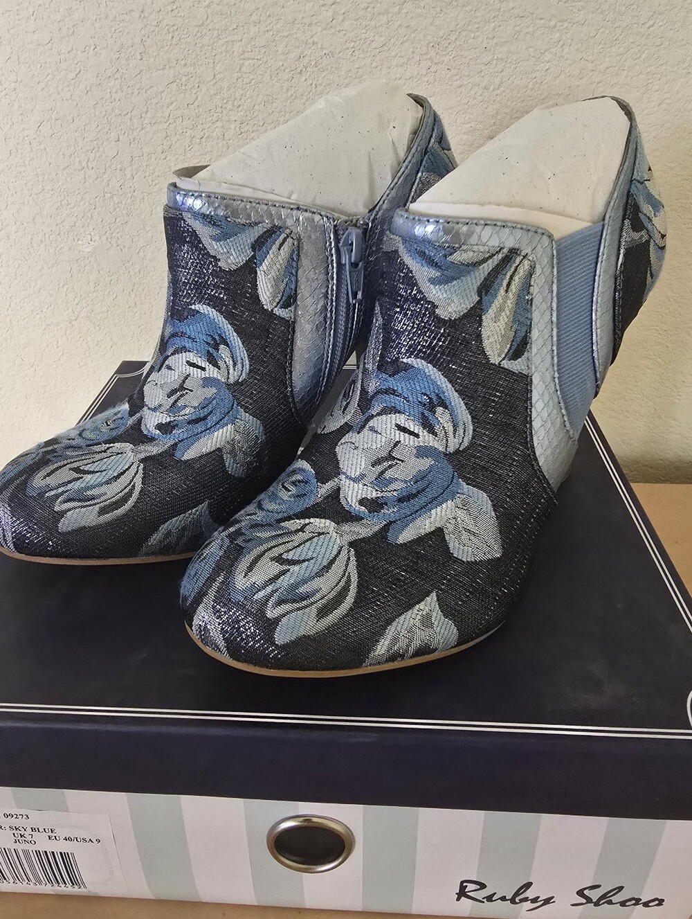 RUBY SHOO JUNO Blue Floral Wedge Ankle Booties